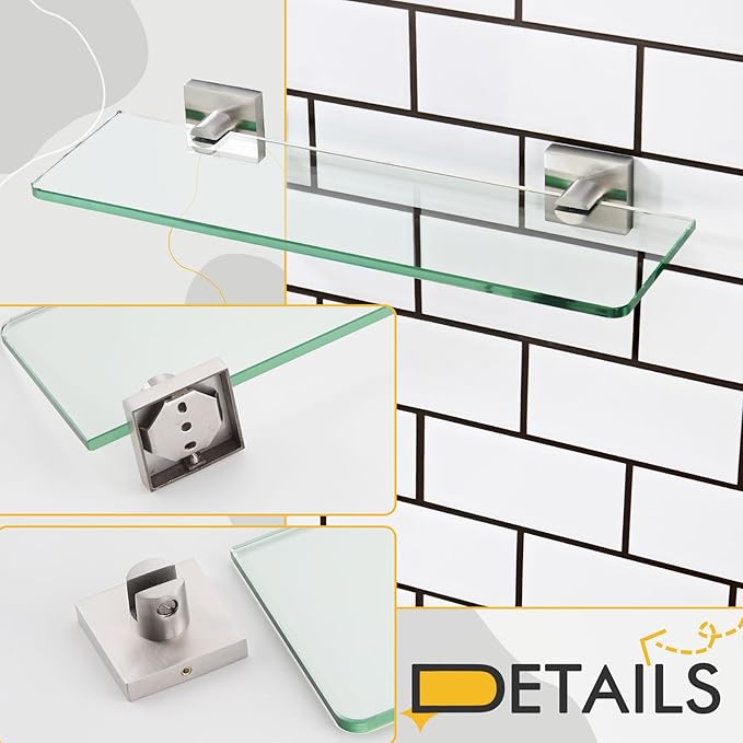 KOKOSIRI Glass Shelf for Bathrooms Floating Shelves Wall Mount 16-Inch for Shower Storage Kitchen Rack, 2 Pack Brushed Stainless Steel B1107BR-L16-P2