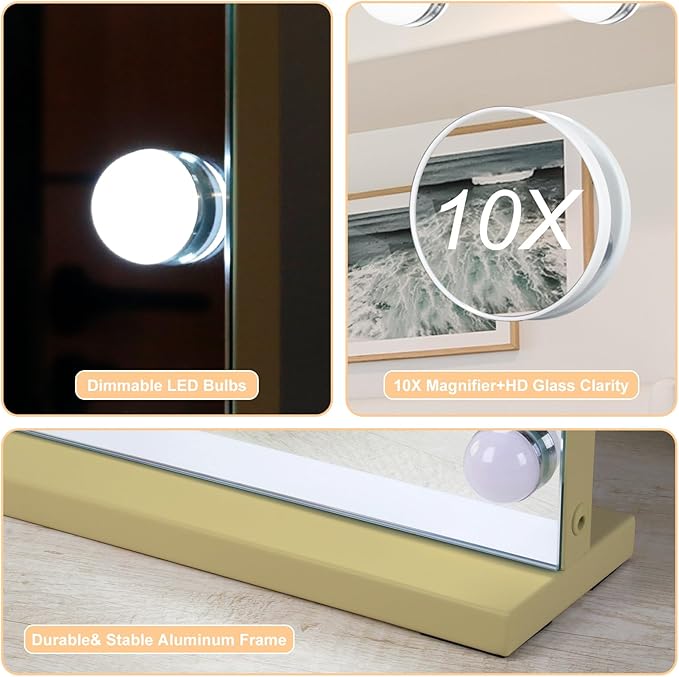 Moonee Gold Vanity Mirror with Lights, Hollywood Lighted Makeup Mirror with 15 Dimmable Bulbs and 10X Magnification, 3 Colors Modes, Aluminum Metal Frame, Light Up Mirror for Tabletop/Wall（23" x 18"）