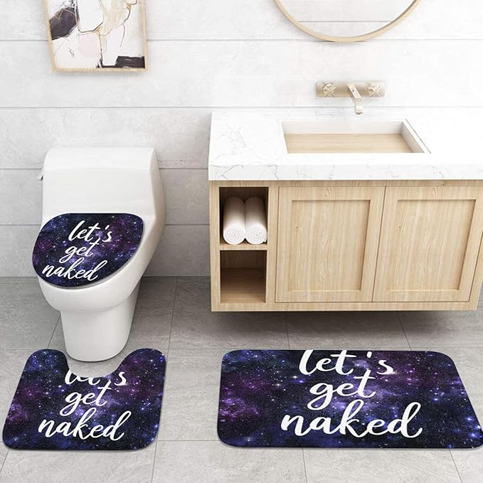 ArtSocket 4PC Black and Purple Let's Get Naked Shower Curtain Sets Starry Sky Bathroom Decor with Rugs, Non-Slip Rug,Toilet Lid Cover, Bath Mat and 12 Hooks 72x72 inches