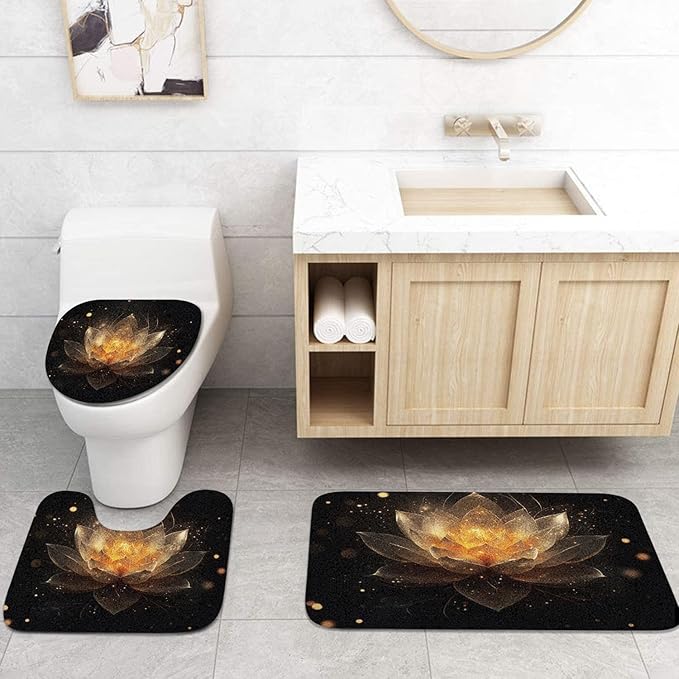 Britimes 4 Piece Shower Curtain Sets with 12 Hooks, Lotus Black and Gold Flower Spa Zen Spiritual Golden Floral with Non-Slip Rugs, Toilet Lid Cover and Bath Mat for Bathroom Decor Set 72" x 72"