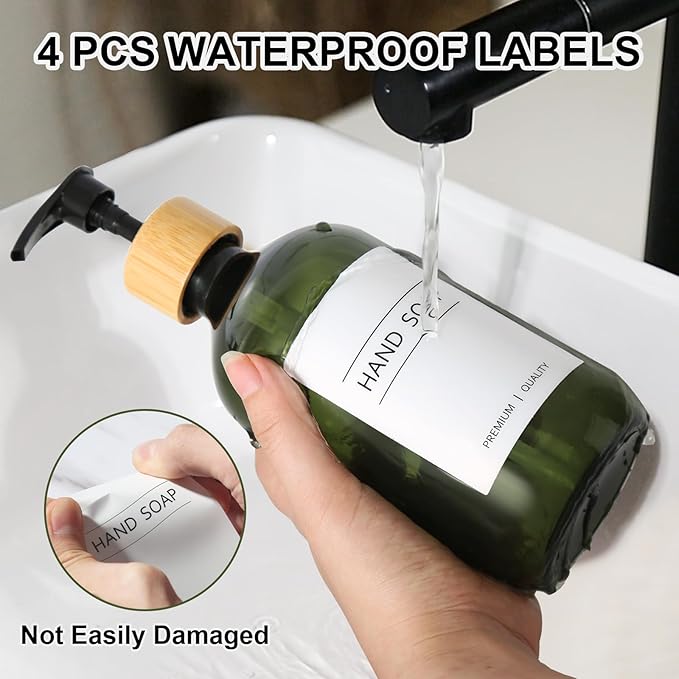 KASUNTING Green Soap Dispenser, Plastic Bathroom Soap and Lotion Dispenser Set with Bamboo Pump, 2 Pack 17 Fl Oz Hand and Dish Soap Dispensers Set for Bathroom, Refillable Liquid Soap Bottles
