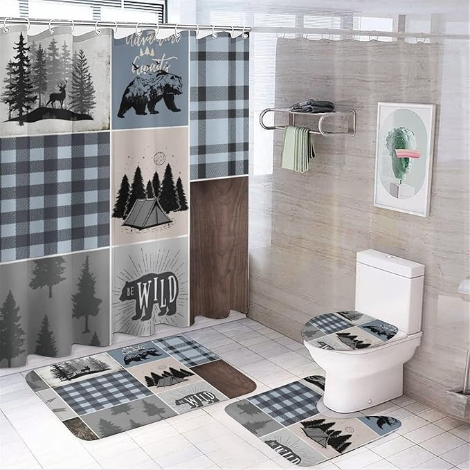Rustic Bear Deer Shower Curtain Sets with Rugs 4 Piece Accessories Bathroom Curtains Shower Set Include Shower Curtain Non-Slip Rug Toilet Lid Cover Bath Mat One Size