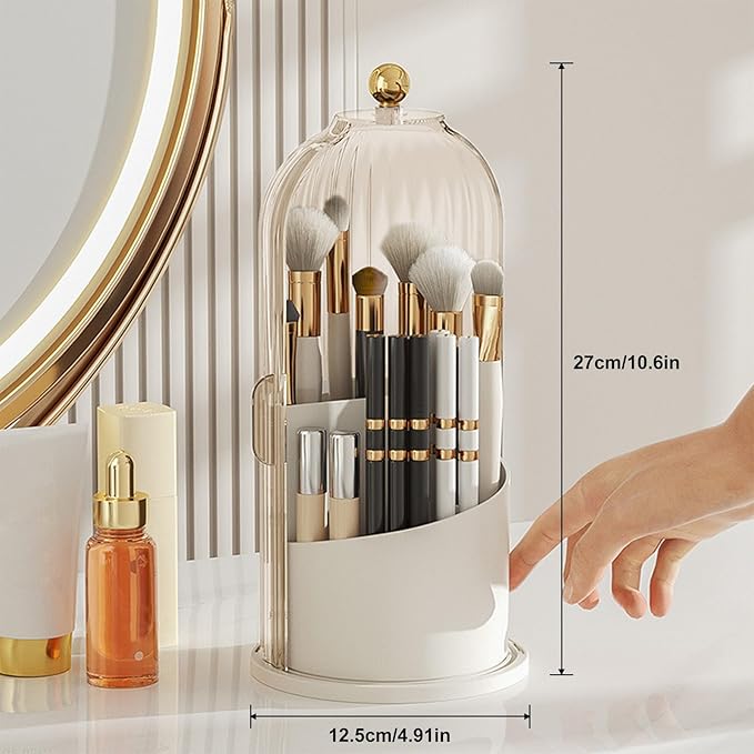 Qivine Makeup Brush Holder with Lid, 360° Rotating Brush Holder with Lid for Countertop, Cosmetics Makeup Brush Organizer with Lid for Bedroom, Dustproof Makeup Brush Holder for Vanity (White)
