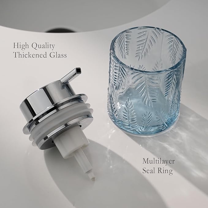 CICUFY Glass Foam Soap Dispenser for Kitchen & Bathroom - Refillable Liquid Soap Dispenser with Large Silver Pump (Leaf Pattern-Blue)