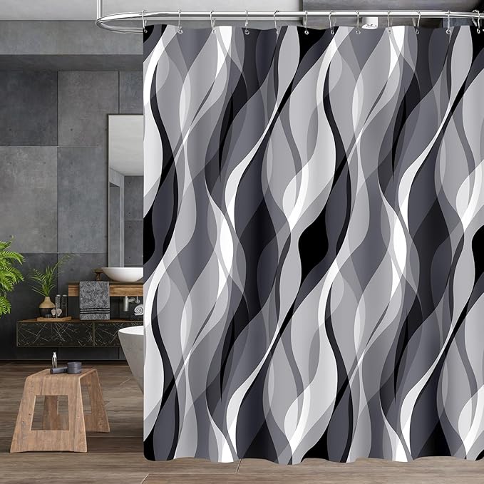 4PCS Grey Abstract Shower Curtain Sets with Rugs, Striped Bathroom Sets with Shower Curtain and Rugs, Modern Bathroom Curtains Shower Set with Toilet Lid Cover for Luxury Bathroom Decor
