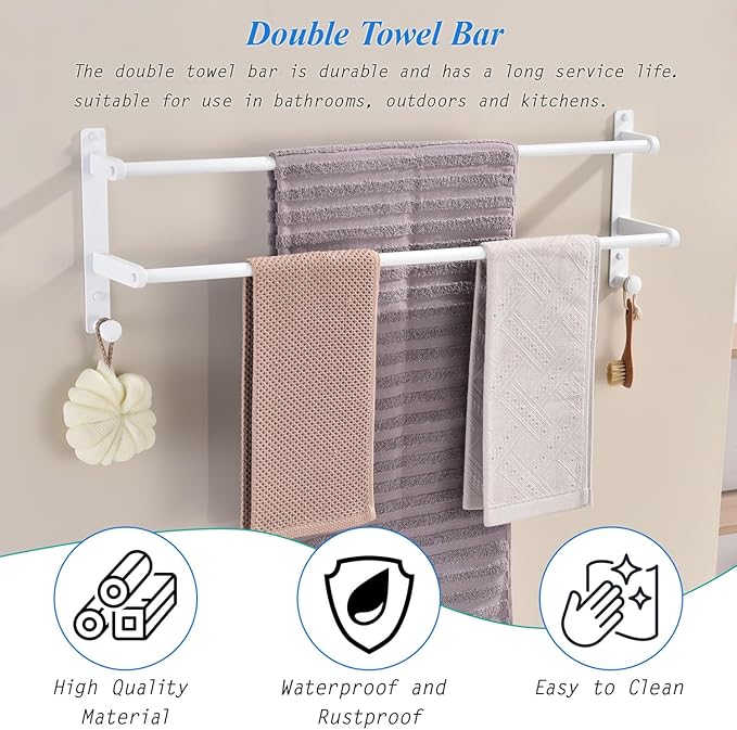 White Double Towel Bar with Hooks, 30 Inch Wall Mounted Long Towel Rack - Stainless Steel Bathroom Towel Holder