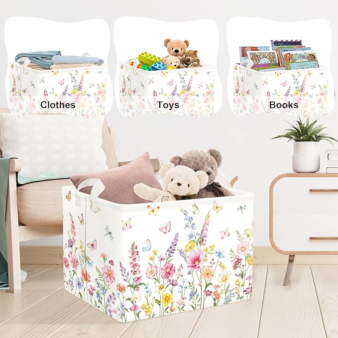 Clastyle Wildflower Baby Laundry Hamper Collapsible Clothes Kids Storage Basket Waterproof Women Girls Toy Box for Nursery Room,Butterflies,40 * 30 * 30 cm