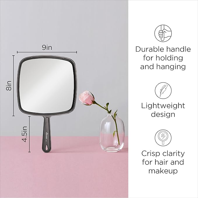Diane Professional Quality Hand Held Mirror with Handle, Single Sided Vanity Makeup Mirror for Women, Men, Salon, Barber, Shaving, and Travel, Large 9" x 12.75" in Black