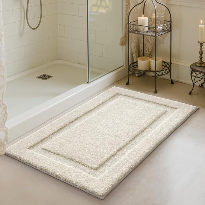 LUMI Ultra Soft Bathroom Rugs Non Slip with Rubber Backing, Absorbent Washable Bath Mat Quick Dry, Upgraded Premium Microfiber Plush Carpet for Bathtub and Shower Floor, Ivory White, 16x24
