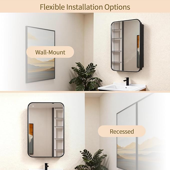 Bathroom Medicine Cabinet with Black Metal Framed Mirror, Recessed or Wall Mount Bathroom Vanity with Storage Shelves 17.5x26 inch