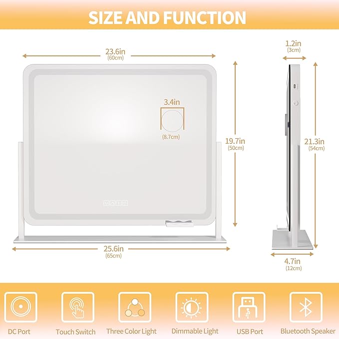 Hasipu Vanity Mirror with Lights and Bluetooth Speaker, 23.6" x 19.7" LED Makeup Mirror, Light up Mirror with 10X Magnification, USB Charging Port, Smart Touch 3 Colors Dimmable (White)