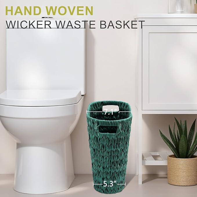 XLHOMO Dark Green Bathroom Accessories Set with Wicker Trash Can Shower Curtain and Rugs,Bathroom Sets Small Waste Basket Bathroom Trash Can for Bedroom Bathroom