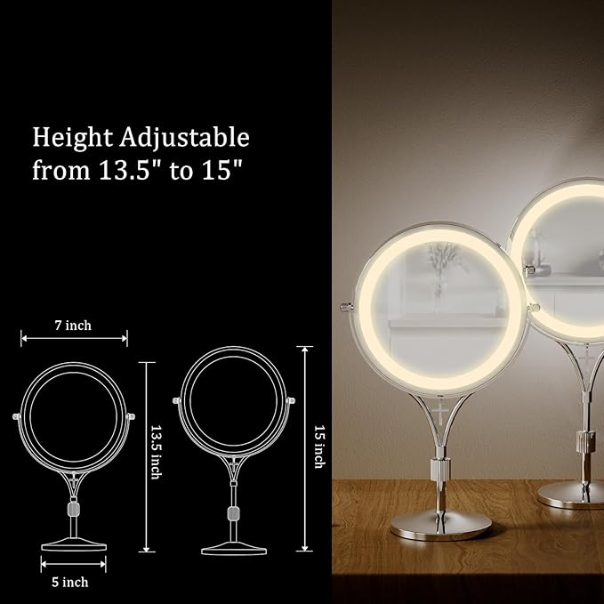 1x/10x Magnifying Mirror with 3 Color Lights and Cross Dangle Charm, 7" Lighted Makeup Mirror with Magnification, Height Adjustable Vanity Mirror, Birthday Christian Gifts for Women, Chrome