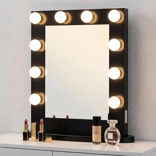 Tangkula Hollywood Makeup Vanity Mirror with Lights, Standing Vanity Makeup Mirror with Detachable Base, Beauty Mirror Makeup Mirror with Dimmer for Dressing Room Bedroom (Black)