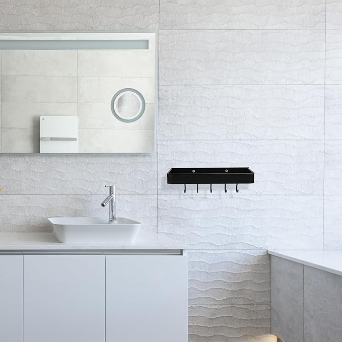 Wall-Mounted Aluminum Bathroom Shelf with Hooks, 30cm Floating Wall Holder Storage Rack for Bathroom Accessories and Toiletries