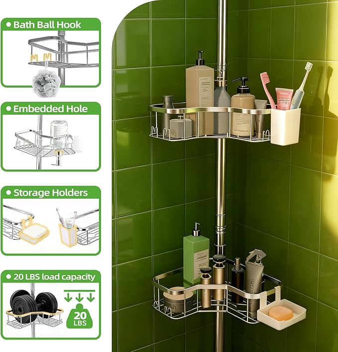 Corner Shower Caddy Tension Pole, 4 Tier Rust-Resistant Adjustable Bathroom Organizer Shelves, Bathtub Storage Rack with Soap Holder, No-Drill Install, Floor to Ceiling Rod 47-121 Inch, Silver