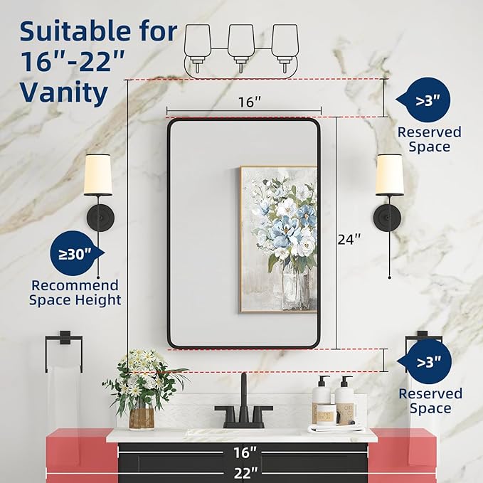 Bathroom Medicine Cabinet with Mirror 16 x 24 Inch, Black Medicine Cabinet Recessed or Surface Wall-Mounted, Mirrored Cabinets with 2 Adjustable Shelves for Bathroom Vanity