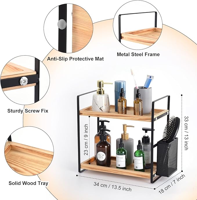 LEMIKKLE 2-Tier Wood Bathroom Counter Organizer with Basket,Waterproof Vanity Skincare Storage for Bathroom, Kitchen, Dresser