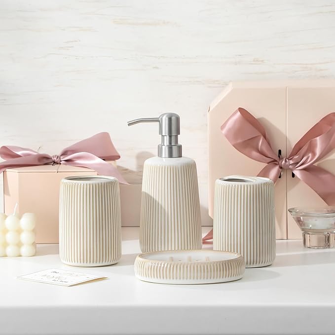 vancasso Ceramic Bathroom Accessories Set 4 Piece, Soap Dispenser with Stainless Steel Pump, Toothbrush Holder, Tumbler and Soap Dish, Modern Relief Design, Bathroom Decor Organizer, Beige-White