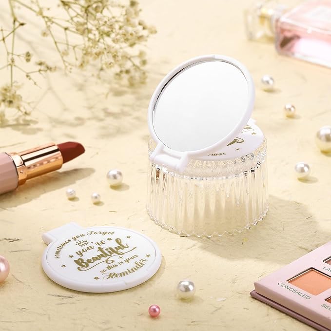 18 Pcs 2.76 Inch Inspirational Compact Mirror Bulk Women Small Gifts Graduation Party Favors Purse Mirror Pocket Mini Stuffer Items for Adult Coworker Cheerleader Employee (White)
