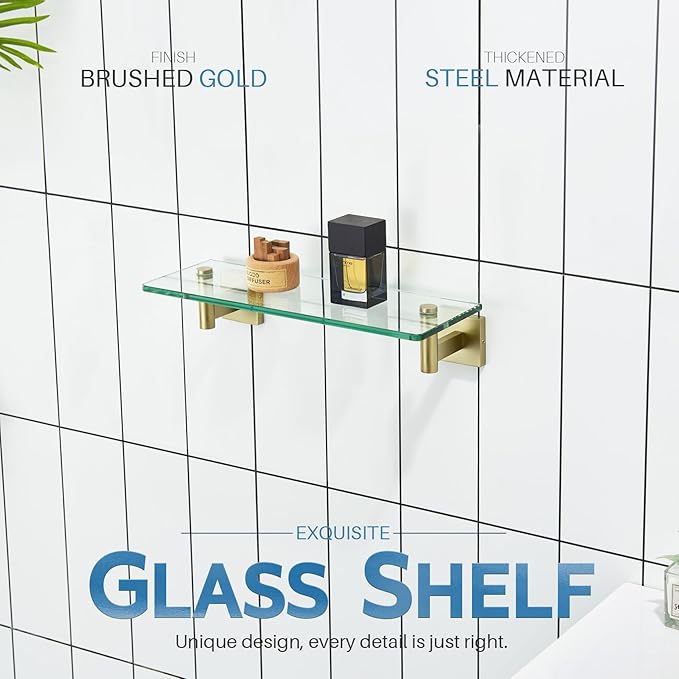 KOKOSIRI 12-Inch Bathroom Shelves Glass Floating Shelf Toilet Roll Holder Toilet Paper Holder Stainless Steel Brushed Gold B1105BG-L12+B2008BG