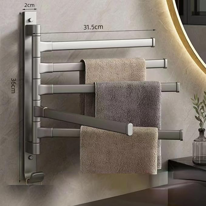 2-5 Arms Swivel Towel Rack Bath Towel Holder with Hook Swing Arm Towel Rack Wall Mount for Bathroom Kitchen (Grey, 5-arm)