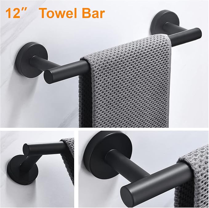 Nolimas 3-Pieces Set Matte Black Bathroom Hardware Set SUS304 Stainless Steel Round Wall Mounted - Includes 12" Hand Towel Bar,Toilet Paper Holder, Robe Towel Hooks,Bathroom Accessories Kit