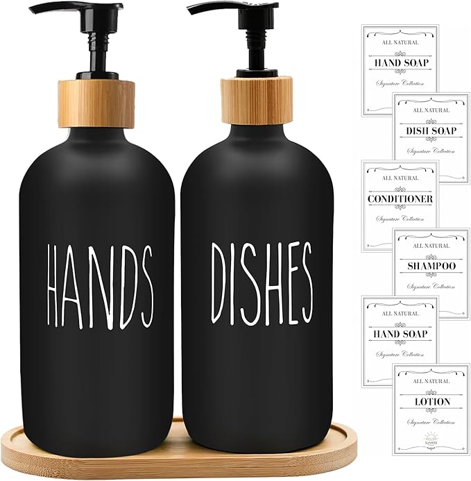 Sunrise Premium 16 OZ Thick Black Glass Soap Dispenser, Bamboo Pump with Tray 2 Pack, Hand and Dish Soap Dispenser Set for Bathroom with 6 Waterproof Labels