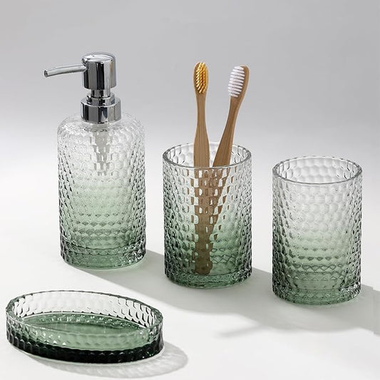 Bathroom Accessories Set, 4Pcs Clear Glass Bathroom Set, Hand Soap Dispenser, Toothbrush Holders, Tumbler, Bar Soap Dish for Modern Bath Decor Organizers and Storage Countertop Sink (Green)