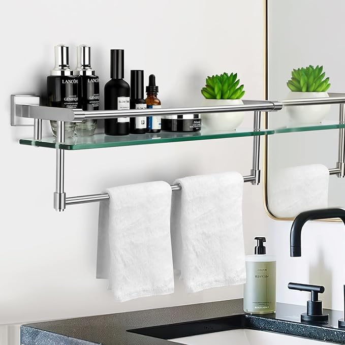 2 Pack Glass Shelf Bathroom Shelves for Bathroom 21inch Rectangular Holder Brackets Stainless Steel Tempered Glass Modern Toilet Storage Stand Mount Accessories Brushed Nickel