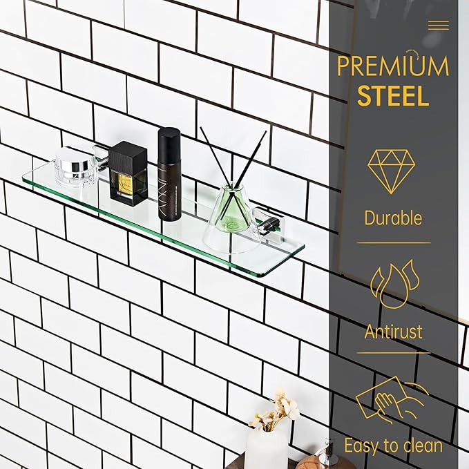 KOKOSIRI Bathroom Shelves Wall Mount 20-Inch Floating Glass Shelf Kitchen Hanging Rack Shower Storage, 2 Pack Polished Stainless Steel B1107CH-L20-P2