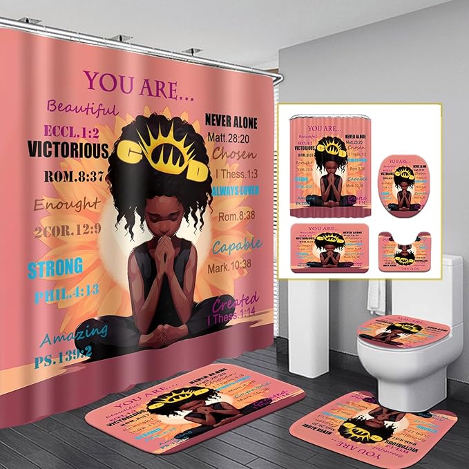 4PCS Black Praying Girl Shower Curtain Set, Cute African American Girl Shower Curtains with Hooks and Bath Mat Sets, Inspirational Quote Romantic Sunflower Halloween Bathroom Decor Sets