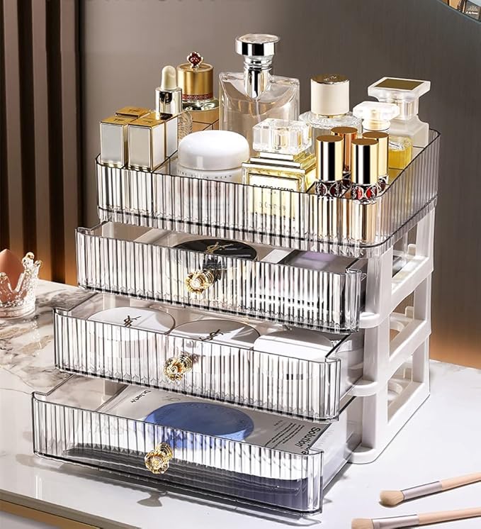 No band Makeup Organizer Cosmetic Storage Organizer for bathroom Vanity Countertop,Cosmetic Display Box Case with Drawers and Cover Waterproof Dust-proof (pink1)