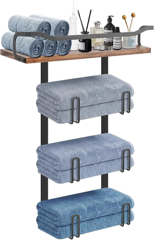 NearMoon Towel Rack with Wooden Shelf, All Metal Rustproof Towel Organizer Holder for Bathroom Storage, Wall Mounted (1 Pack, Matte Black)