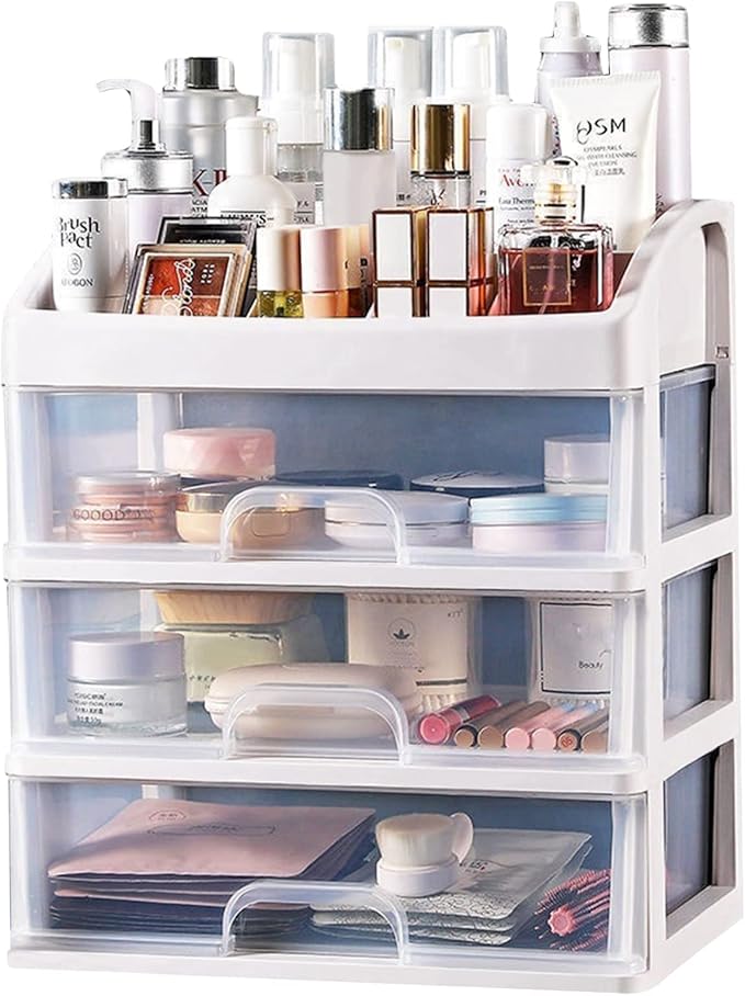 Makeup Organizer for Vanity, Skincare Organizers with 3 Drawers, Cosmetics Organizer for Skin Care, Eyeshadow, Brushes, Lipstick, Powders, Nail Polish.Great for Dresser, Bedroom, Bathroom (White)