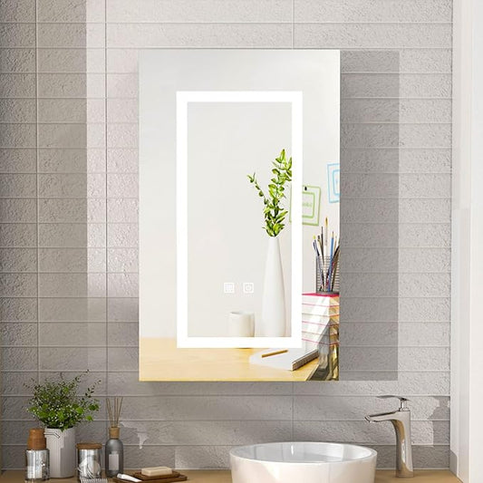 Lighted Bathroom Medicine Cabinet with Mirror, Led Mirror Cabinet with Defogger for Bathroom,Vanity Medicine Cabinet Wall Mounted 15.7x26 Inch