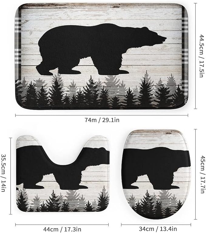 Retro Black Bear 4 Piece Shower Curtain Sets, Non-Slip Rugs, Toilet Lid Cover and Bath Mat, Durable and Waterproof, for Bathroom Decor Set One Size