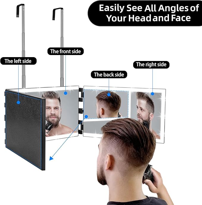 Vanexiss Rechargeable 3 Way Mirror for Self Hair Cutting-to See Back of Head, Trifold Mirror with 8 Light Strips & Telescoping Hooks for Makeup, Shaving & Styling