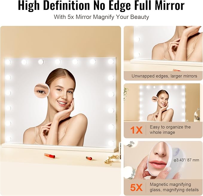 VEVOR Hollywood Vanity Mirror with Lights, 17 Dimmable Bulbs &3 Color Lighting Modes, Makeup Mirror w/Detachable 5X Magnification,USB Port, Smart Touch Control,Desktop Wall-Mount(31.5x23.6in, White)