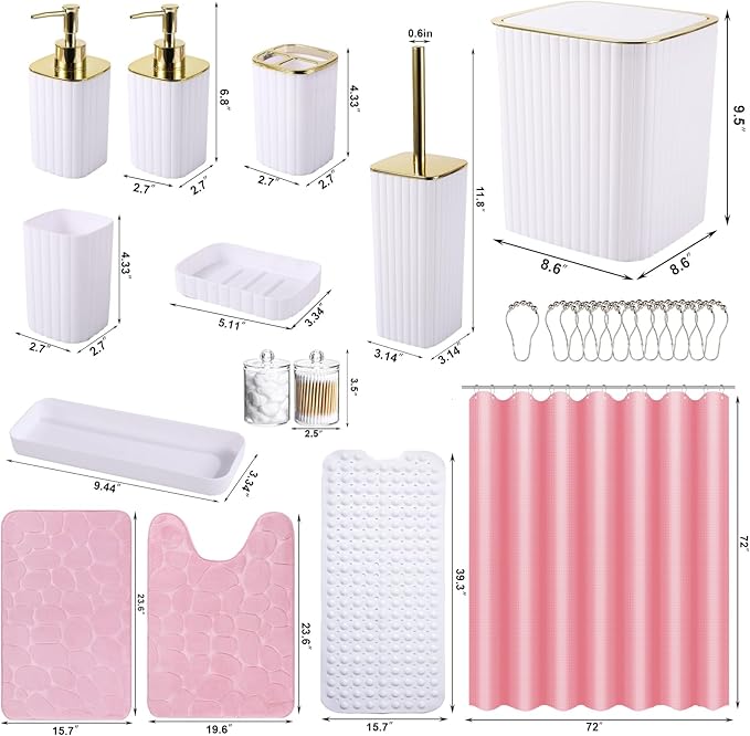 XLHOMO 26PC Bathroom Set - Gorgeous White Bathroom Set, Bathroom Accessories Set, Pink Shower Curtain Set with Bathtub Mats for Shower Tub