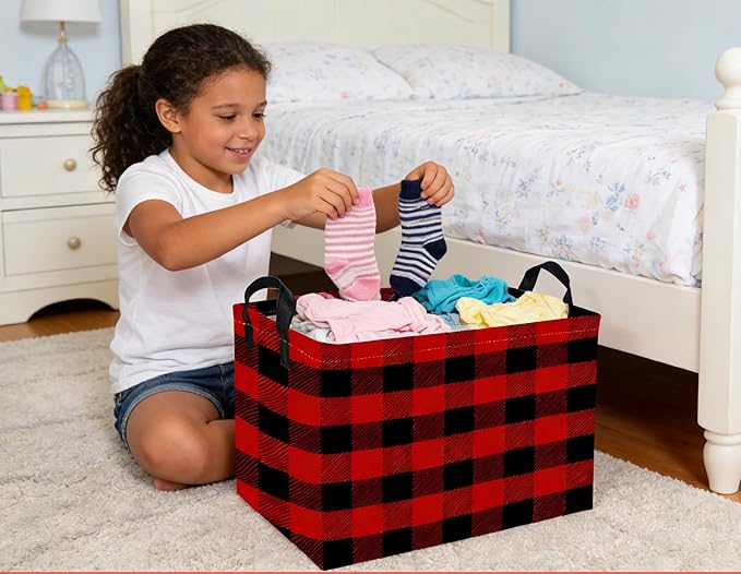 Rectangular Kids Baskets Red grid Basket Cute Storage Bins Organizer Box Boys Room Decor for Home.(Red grid)