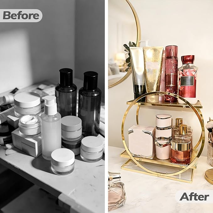 BO2703 2 Tier Bathroom Organizer, Perfume Organizer for Dresser, Gold