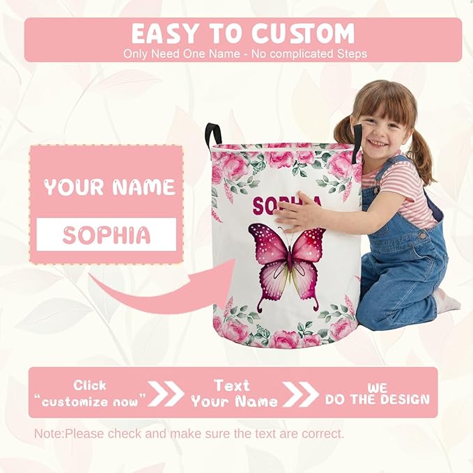 Custom Butterfly Laundry Baskets, Personalized Butterfly Gifts for Butterflies Lovers, Collapsible Laundry Hamper with Name for Kids Adults Home Decoration