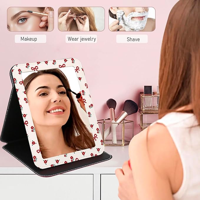 Portable Folding Makeup Mirror,Compact Small Mirror with Cosmetic Desktop Standing for Travel, Camping, Vanity Table, Room Decor, Beauty, Gifts (Red Roses Pattern)