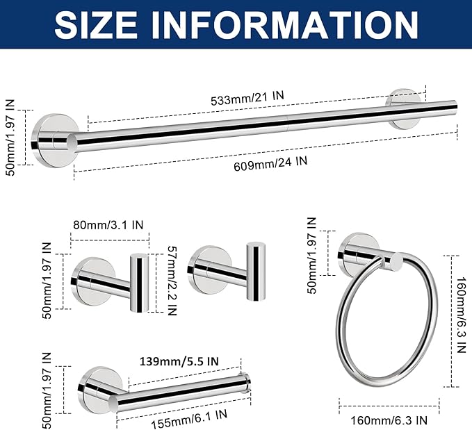 NearMoon 5 Pieces Bathroom Hardware Set SUS304 Thicken Stainless Steel-Towel Rack Kit Include 24" Towel Rod + Bath Towel Ring + Toilet Paper Holder + Robe Towel Hooks Bath Accessories (Chrome Finish)