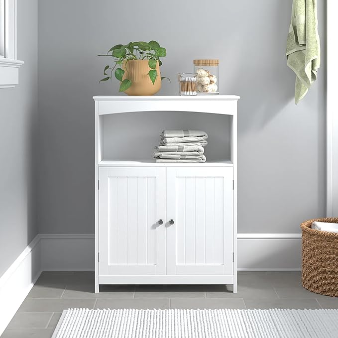 Beadboard Double Door Multi Room Freestanding Floor Cabinet, Open Top Shelf With Arched Accent, Adjustable Center Shelf, 25 Inch Width x 12 Inch Depth x 33 Inch Tall, White Semi Gloss Enamel Finish