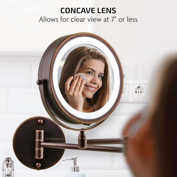 OVENTE Wall Mounted Lighted Makeup Mirror, 7" Double Sided 1X/7X Magnifying Vanity Mirror for Bathroom with LED Lights, Cordless, 360° Rotation and 13" Extendable Arm, Antique Bronze MFW70ABZ1X7X