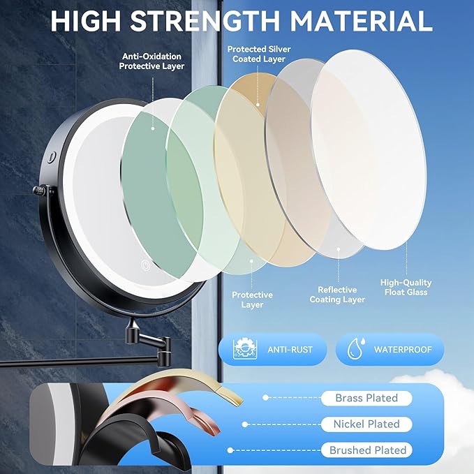 9'' 30X/1X Wall Mounted Lighted Makeup Mirror, 5000mAh Rechargeable Double-Sided Magnifying Mirror with Light, Vanity Bathroom Mirror Touch Dimmable 3 Colors 360° Rotation Extended Arm, Power Adapter