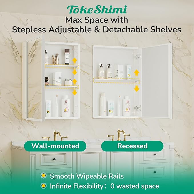 TokeShimi 24 x 32 White Recessed Medicine Cabinet with Mirror, Assembly Required, Bathroom Medicine Cabinet with Mirror, Stepless Adjustable Shelves, Beveled Aluminum Frame, DTC Hinge