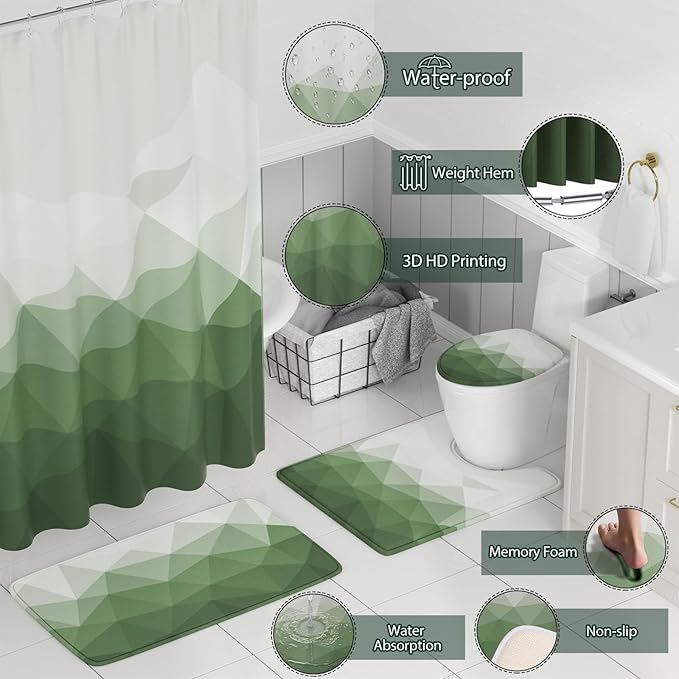 XLHOMO Bathroom Accessory Set - 26PC Bathroom Shower Curtain and Rug Set, Bathroom Accessories Set, Sage Green Bathroom Set with Trash Can, Toilet Brush, Qtip Holder & Soap Dispenser